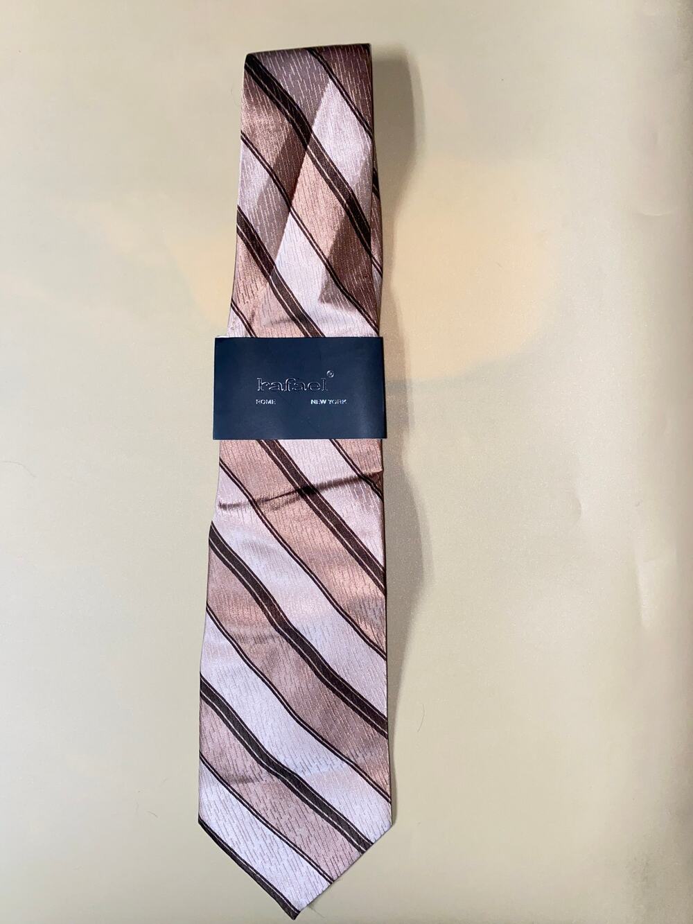 NWT Rafael Rose Brown Tan Striped Silk Neck Tie Men's One Size 100% Silk 60"